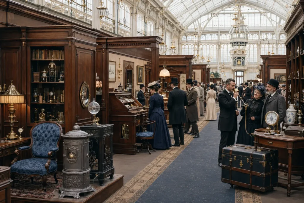 Furniture, domestic mechanisms and travel objects in the western gallery.