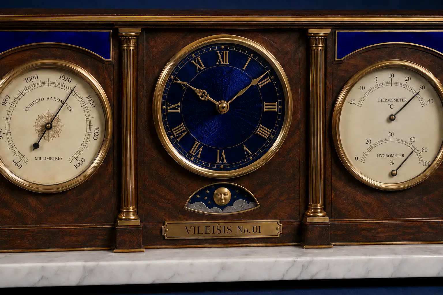 Detail of the central clock, moon-phase window and brass plaque of Vileišis No. 01