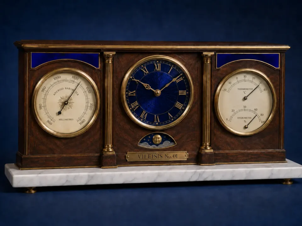 Vileišis No. 01 atmospheric observatory in walnut, brass, cobalt enamel and Carrara marble