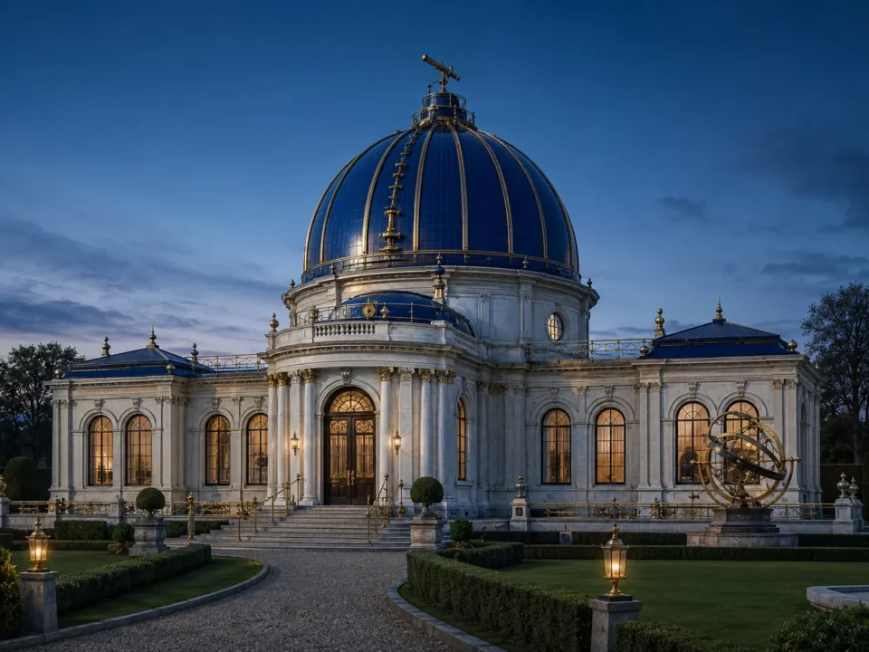Imagined cobalt-domed observatory pavilion for the Vilnius Exhibition of 1898